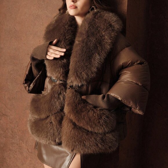 Brown Preppy Women's Plus Size Patchwork V-Neck Faux Fur Jacket - Picture 3 of 8